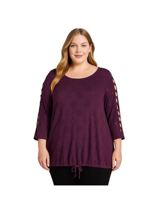 Perseption Tops - PerSeption Women Plum Eyelet Ladder-Sleeve Top 3X